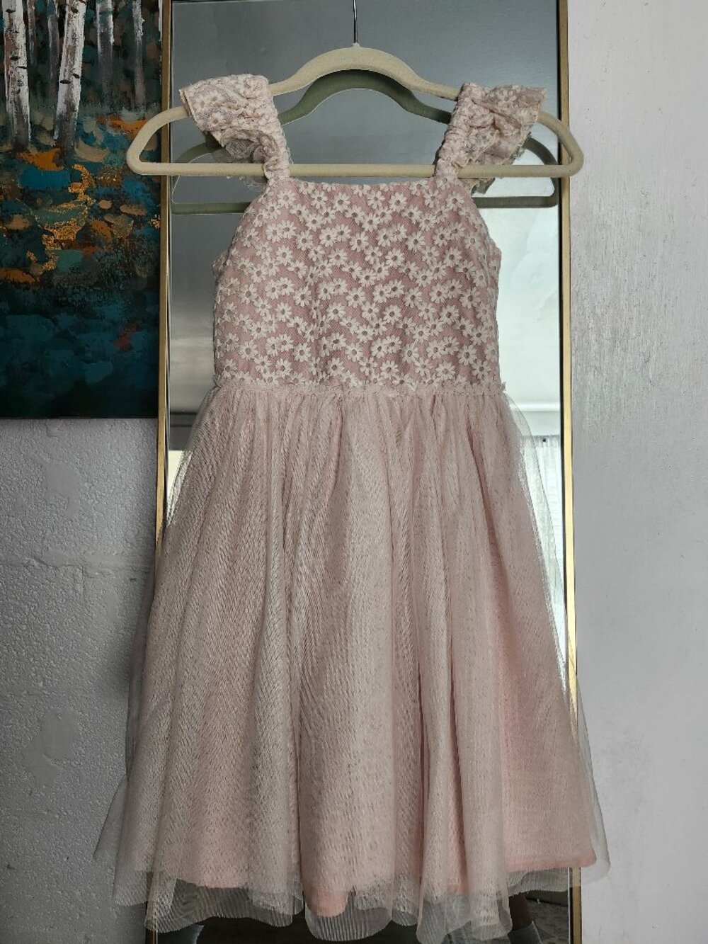 Girls Blush Pink Floral Lace & Tulle Party Dress - Light Pink Flutter Sleeve